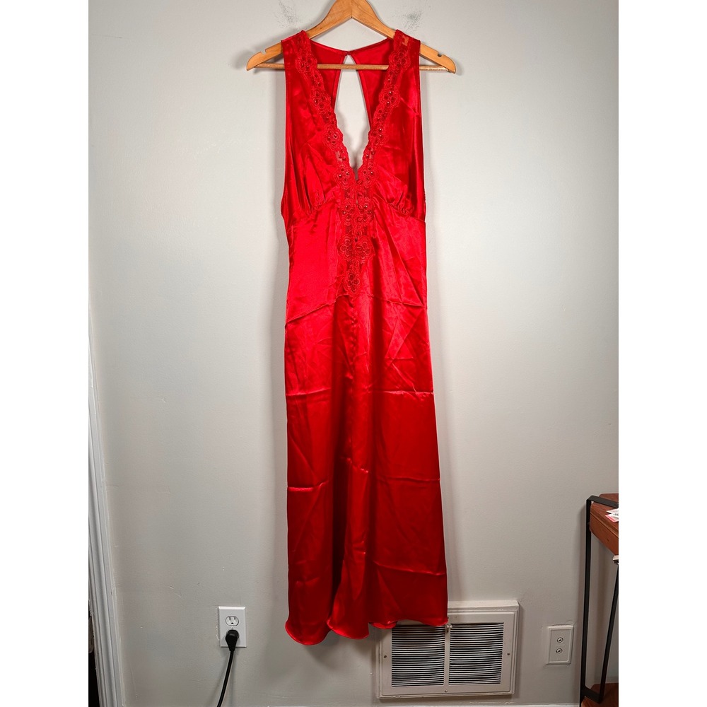 Victoria's Secret gold label slip dress M Red Satin Maxi Lingerie vintage‎